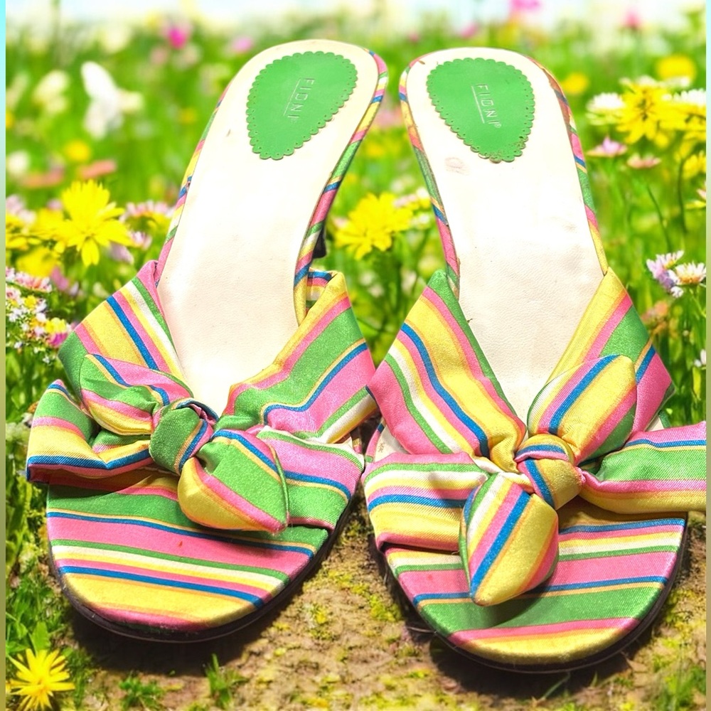 Fioni Rainbow Satin Bow Sandal Heels Size 10 Dopamine Fairy Siren
